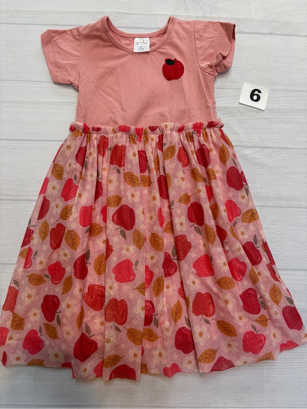 Sweet Wink Pink Apple Print Tulle Dress with Short Sleeves